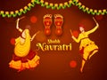 Vector illustration of man and woman dancing with dandiya stick, Goddess Laxmi footprint.