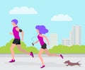 Vector illustration of man, woman and dog Dachshund running in city Park