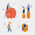 Vector illustration of man and woman have money. Stack of coin, piggy bank pig. Saving, earning, income concept. Royalty Free Stock Photo