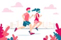 Vector illustration of a man and woman running and wearing a face mask because of the coronavirus and the new normality