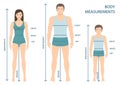 Vector illustration of man, women and boy in full length with measurement lines of body parameters . Royalty Free Stock Photo