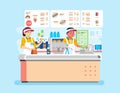 Vector illustration of man and women cashier wearing uniform at fast food restaurant is serving customers Royalty Free Stock Photo