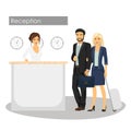 Vector illustration of manager and customer at hotel reception desk. Concierge service. Man and woman arrival or check