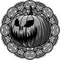 monochromatic illustration of Mandala Halloween Pumpkin design