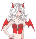 Vector illustration of Manga cartoon style girl with white hair wearing a red Halloween devil costume with wings and horns Royalty Free Stock Photo