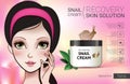 Vector Illustration with Manga style girl and snail cream container.