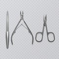 Vector illustration with manicure tools, nail file, realistic scissors and cuticle remover clippers