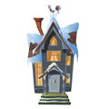 Picture of colonial house in winter snow. Vector illustration of mansion in Victorian architectural style with burning