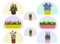 Many different potted plants with flowers on a white background