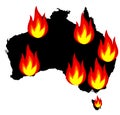 Vector illustration of map of Australia with symbols of bushfires which are destroying the country