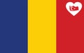 Map flag of Turkey inside a white heart shape on the flag of Romania
