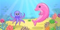 Cute cartoon dolphin and octopus underwater.