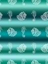 Vector illustration of marine seamless pattern.White hand drawing seahorse and sea shells on abstract sea background
