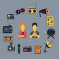 Vector illustration of Mass media journalism broadcasting news cast concept flat business icons set Royalty Free Stock Photo