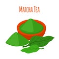 Vector illustration of matcha tea - japaneese drink. Powder, leaves of asian tea