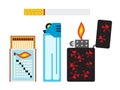 Vector illustration of matches, cigarette and two lighters. Flat style. Royalty Free Stock Photo