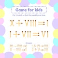 vector illustration. math game for kids. Put 1 matchstick so that the equality was true.