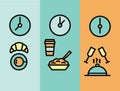 Vector illustration of meal time: breakfast, lunch, dinner. Clock and food