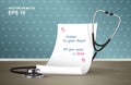 Vector illustration. Medical prescription and stethoscope on the table