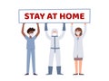 Vector illustration of medical workers holding poster Stay at home