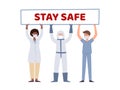 Vector illustration of medical workers holding poster Stay safe