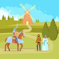 Medieval scene knight peasants vector illustration Royalty Free Stock Photo