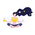 Vector illustration of meditating girl or woman doing yoga class with long hairs and cosmos and planets with cup of coffee or Royalty Free Stock Photo