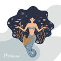 Vector illustration of a meditating mermaid with flowing hair at the bottom of the ocean with fish in her hands. Royalty Free Stock Photo