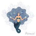 Vector illustration of a meditating mermaid with flowing hair at the bottom of the ocean with shells in her hands. Royalty Free Stock Photo