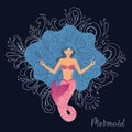 Vector illustration of a meditating mermaid with flowing hair at the bottom of the ocean with shells in her hands. Royalty Free Stock Photo