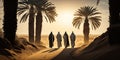 Illustration of robed men walking in the desert during sunset