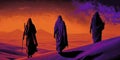 Illustration of robed men walking in the desert during sunset