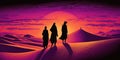 Illustration of robed men walking in the desert during sunset