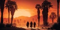 Illustration of robed men walking in the desert during sunset