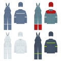 Vector illustration of men s overalls. Clothes in denim style, white, blue. Uniform for a worker, mechanic, driver