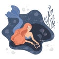Vector illustration of a mermaid in love on the seabed with long hair