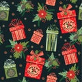 Vector illustration of Merry Christmas gifts. Seamless pattern. Royalty Free Stock Photo