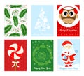 Vector illustration Merry Christmas greeting card set with Christmas tree, santa and owl in flat designs. Royalty Free Stock Photo