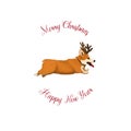 Vector illustration Merry Christmas and Happy new year card with a corgi dog with horns runs fast in cartoon style. Christmas