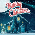 Vector illustration Merry Christmas with snow-covered house in t