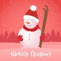 Vector illustration: Merry Christmas. Winter greeting card with snowman with ski on snowy forest background