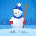 Vector illustration: Merry Christmas. Xmas greeting card with snowman with ski on snowy forest background. Royalty Free Stock Photo