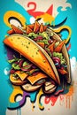 Vector illustration of mexican tacos with colorful grunge background. Royalty Free Stock Photo