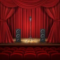 Vector theater hall, stage with microphone, loudspeakers