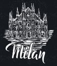 Milan label with hand drawn Milan Cathedral, lettering Milan on a dark background Royalty Free Stock Photo