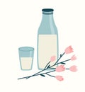 Vector illustration of a milk bottle, glass with milk, and a sprig of pink flowers.