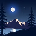 Vector illustration. Minimalist backgrounds. Flat concept. Mountain view, forest trees, night scene, water and rocks. Design for