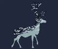 Vector illustration of a minimalistic dark landscape inside the silhouette of a horned deer. Inside there is a spruce