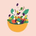 Vector illustration mix of salad leaves. Arugula, spinach, lettuce leaf, watercress and radicchio with greek cheese and vegetables