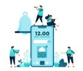 Vector illustration of mobile home screen with digital clock and reminders. bell notification on mobile apps. women and men Royalty Free Stock Photo